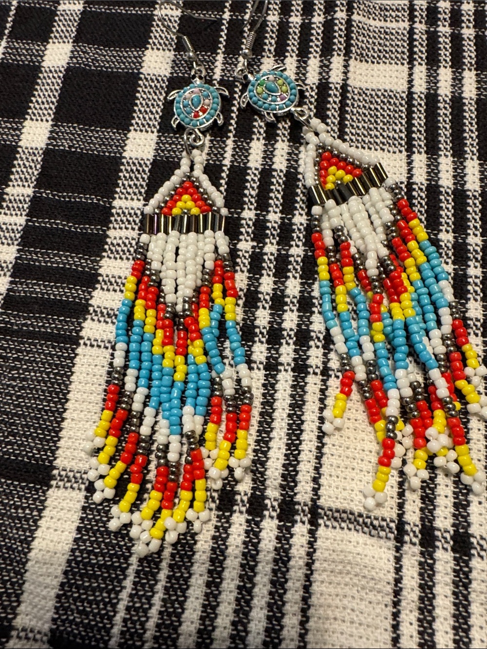 Handmade Multicolor Beaded Fringe Earrings - Turquoise, Red, Yellow, White